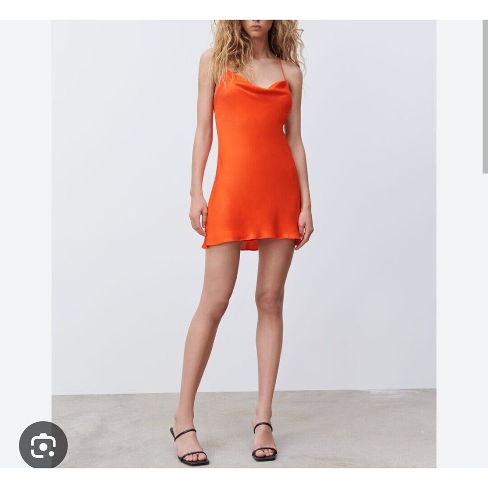 Zara Womens Dress Orange S Satin Effect Short Crisscross Straps Draped Neckline
